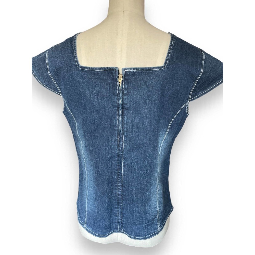 Vintage Y2K Denim Embroidered Flower Corset Tie Front Cap Sleeve Top Size Medium - Picture 3 of 3
